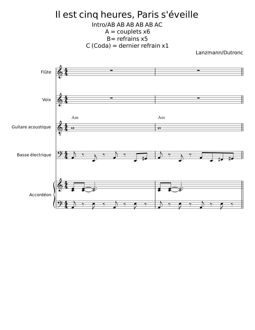 Il Est Cinq Heures Paris S Veille Sheet Music For Accordion Flute