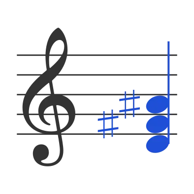 Daug chord in staff notation — D, F♯, A♯