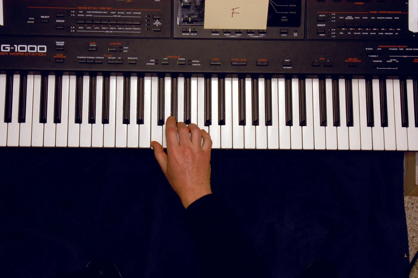 F chord played on a piano — hand position on the keys