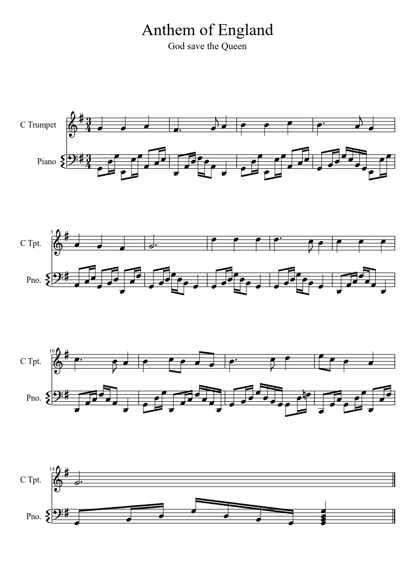 Anthem of England / God Save The Queen Sheet music for Piano, Trumpet other  (Solo) | Musescore.com