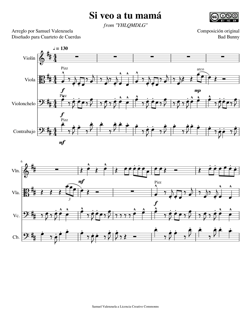 Si veo a tu mamá (Bad Bunny) Sheet music for Contrabass, Violin, Viola,  Cello (String Quartet) | Musescore.com