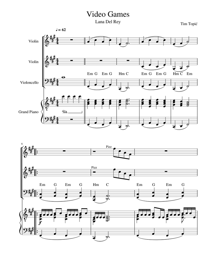 Video Games - Lana Del Rey Sheet music for Piano, Violin, Cello (Mixed  Quartet) | Musescore.com