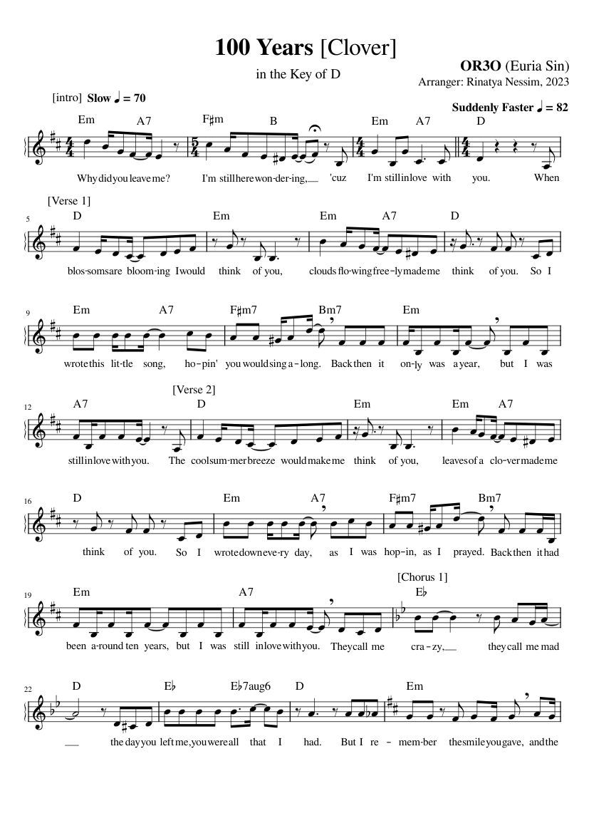 OR3O 100 Years in D Sheet Music For Voice other Solo Easy Or3o 100 Years In D Sheet Music For Voice Other Solo Easy