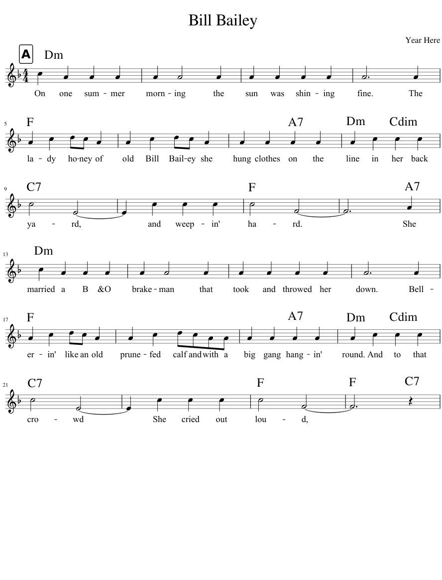 Bill Bailey Sheet Music with Chords for Piano (Solo) | MuseScore.com