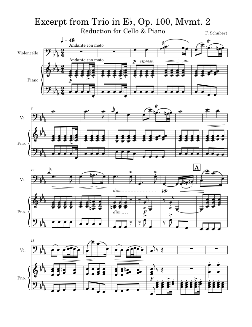 Schubert Trio in Eb Op. 100 Mvmt. 2 - Transcription for cello & piano Sheet  music for Piano, Cello (Solo) | Musescore.com