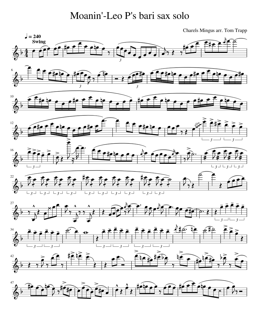 Moanin Bari Solo Sheet Music For Saxophone Baritone (Solo) | Musescore.com