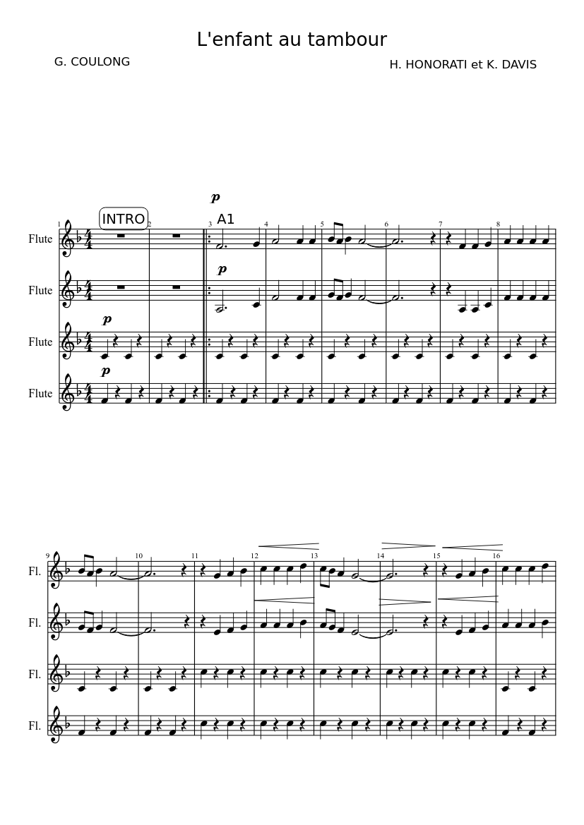L'enfant au tambour Sheet music for Flute (Mixed Quartet) | Musescore.com