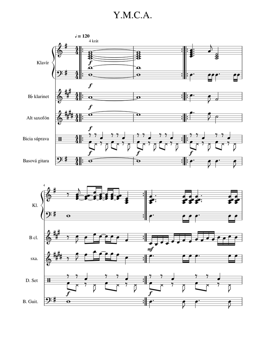 YMCA Sheet music for Piano, in bflat, Saxophone alto, Bass