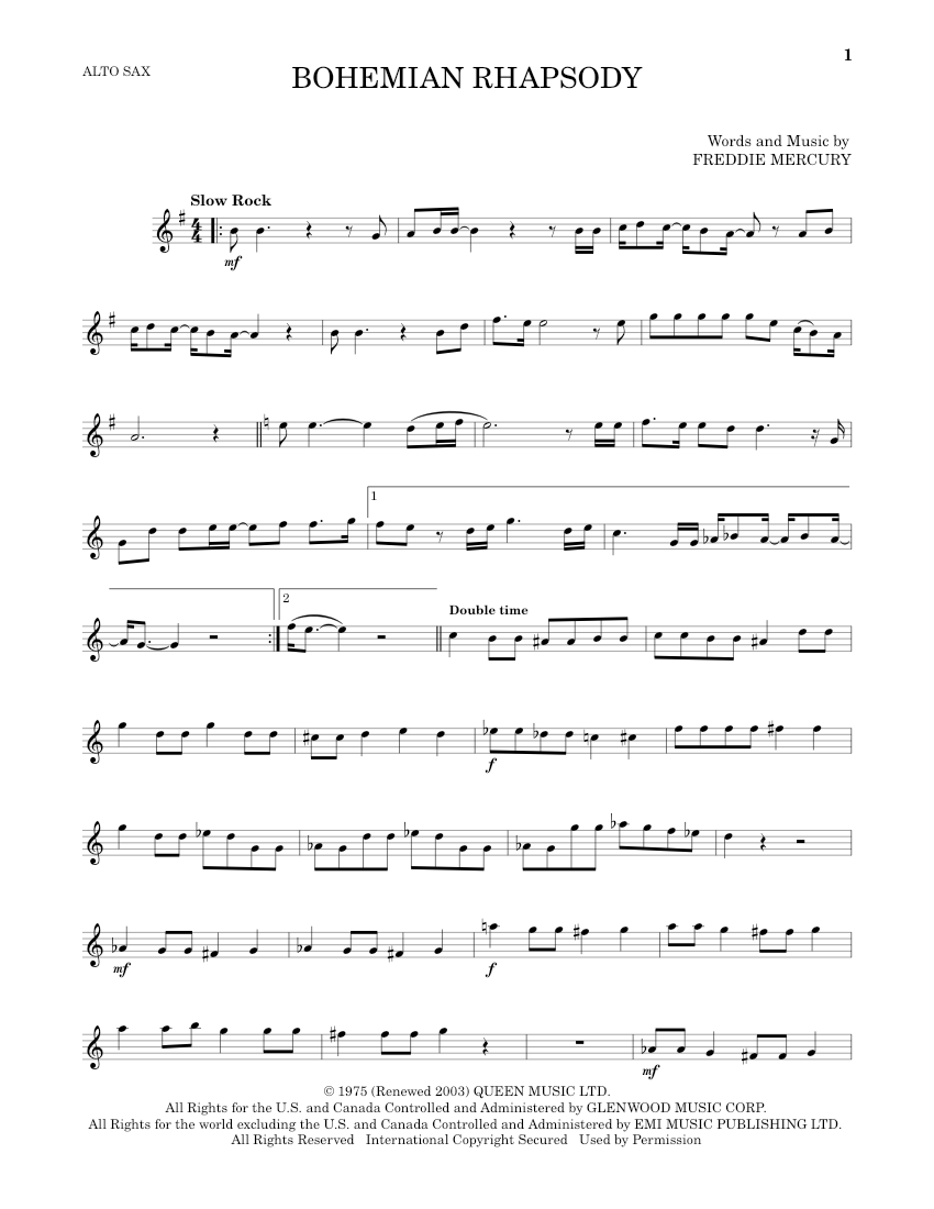 bohemian rhapsody Sheet music for Saxophone alto by Queen Official ...