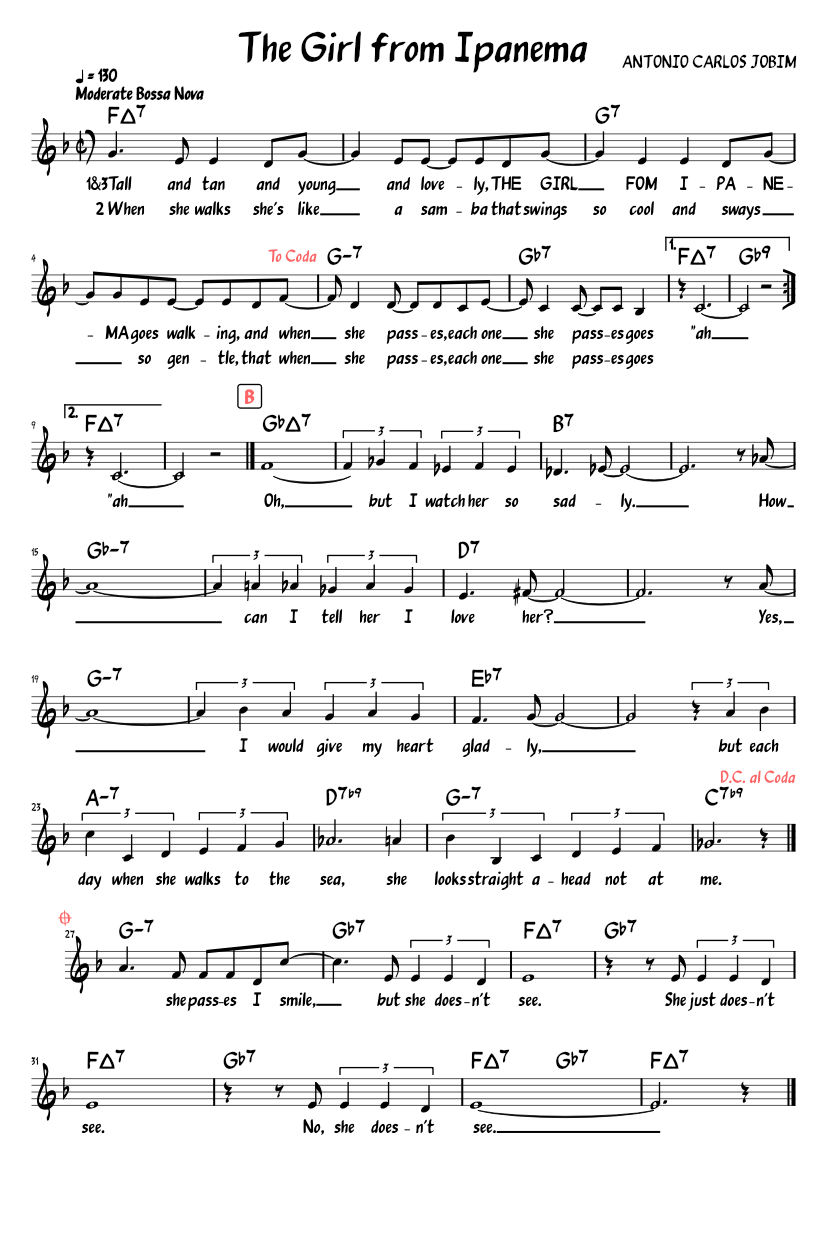 Amazing Girl From Ipanema Lead Sheet Gallery