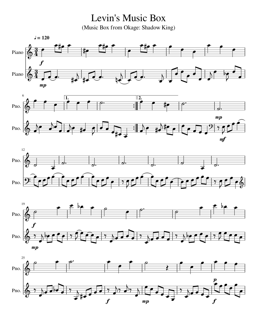 Levin's Music Box/ Music Box Melody from Okage: Shadow King Sheet music for  Piano (Piano Duo) | Musescore.com