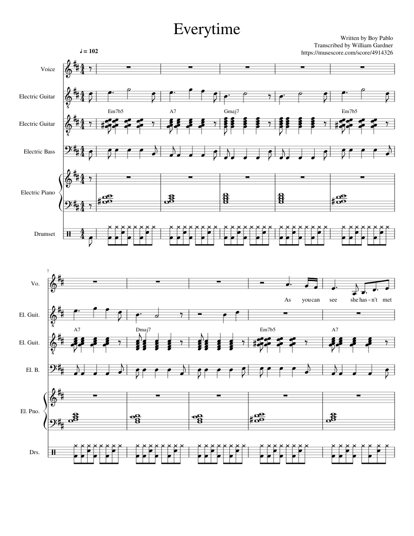 Everytime Boy Pablo Sheet Music For Drum Group Vocals Guitar Bass More Instruments Piano Sextet Musescore Com everytime boy pablo sheet music for