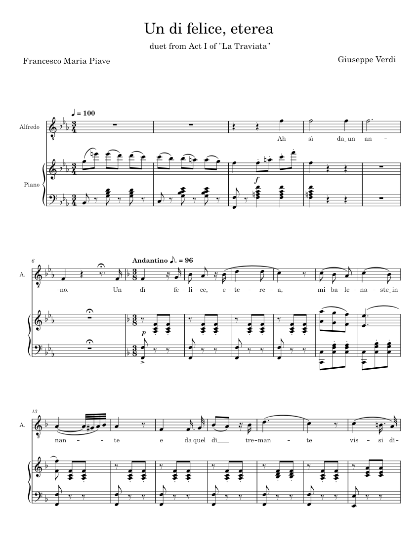 La Traviata-- Un di felice eterea - Giuseppe Verdi Sheet Music for