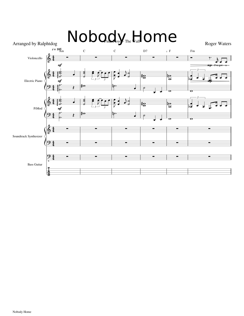 Pink Floyd - The Wall - Nobody Home Sheet music for Piano, Cello, Bass  guitar, Synthesizer (Mixed Quintet) | Musescore.com
