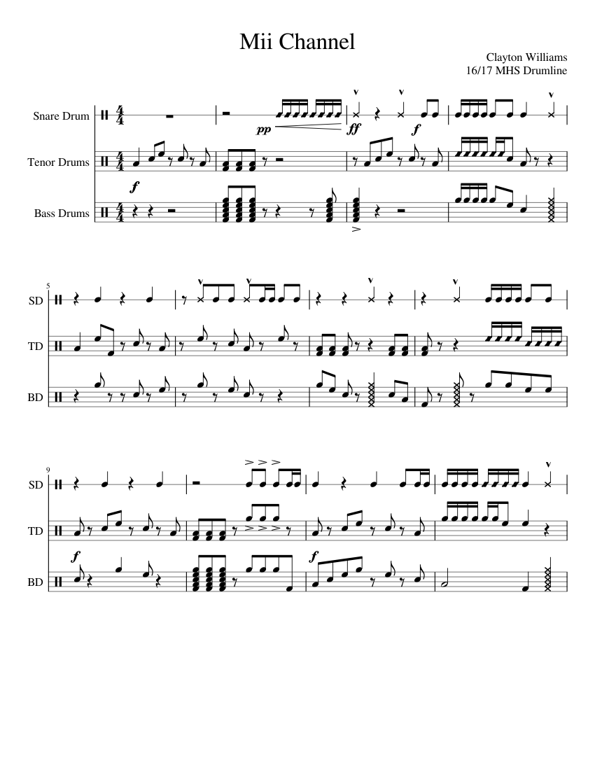 Mii Channel Music DRUMLINE EDITION Sheet music for Snare drum, Tenor drum,  Bass drum (Percussion Trio) | Musescore.com