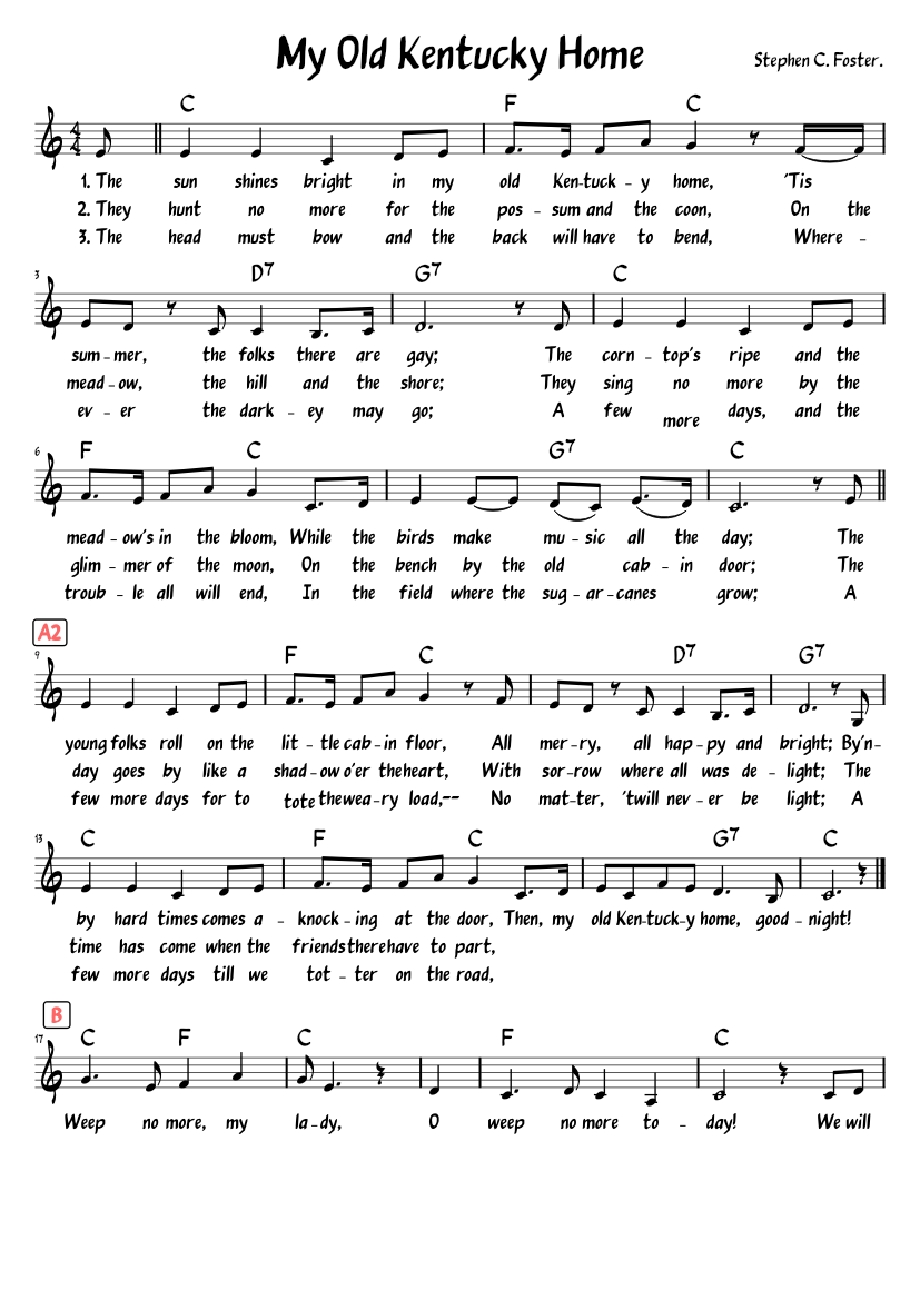 My old kentucky home lead sheet with lyrics sheet music for piano