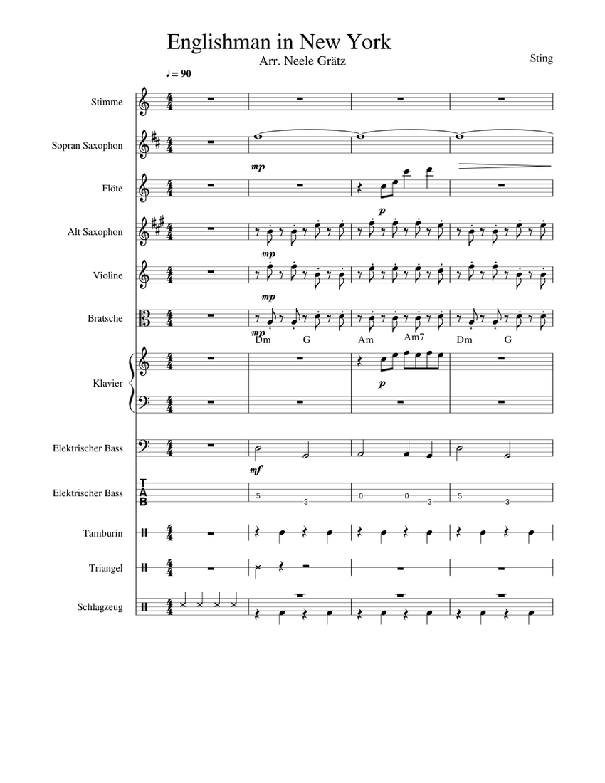 Englishman in New York Sheet music for Piano, Vocals, Tambourine, Flute &  more instruments (Mixed Ensemble) | Musescore.com