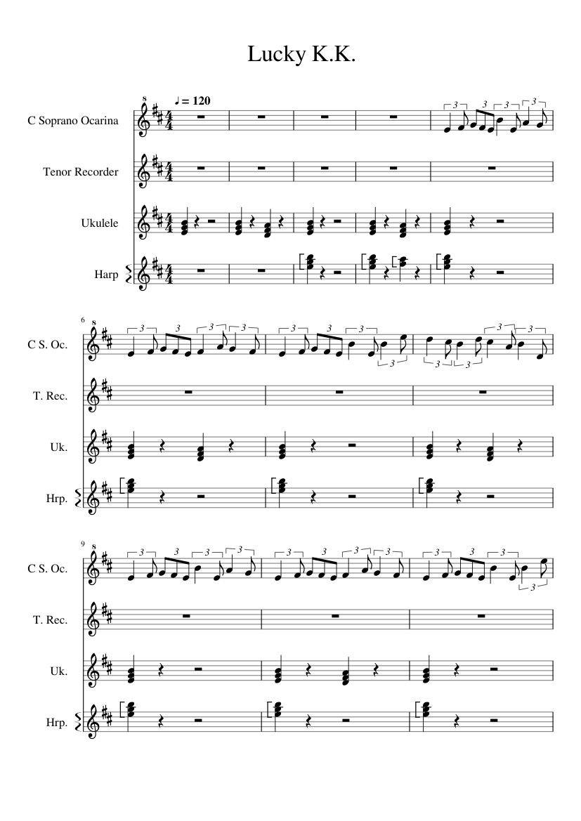 Lucky K K Animal Crossing Sheet Music For Harp Recorder Ukulele Flute Mixed Quartet Musescore Com