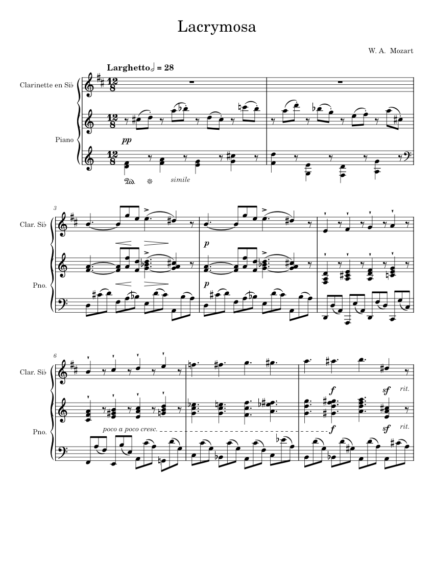 Lacrymosa - W. A. Mozart Sheet music for Piano, Clarinet in b-flat ...