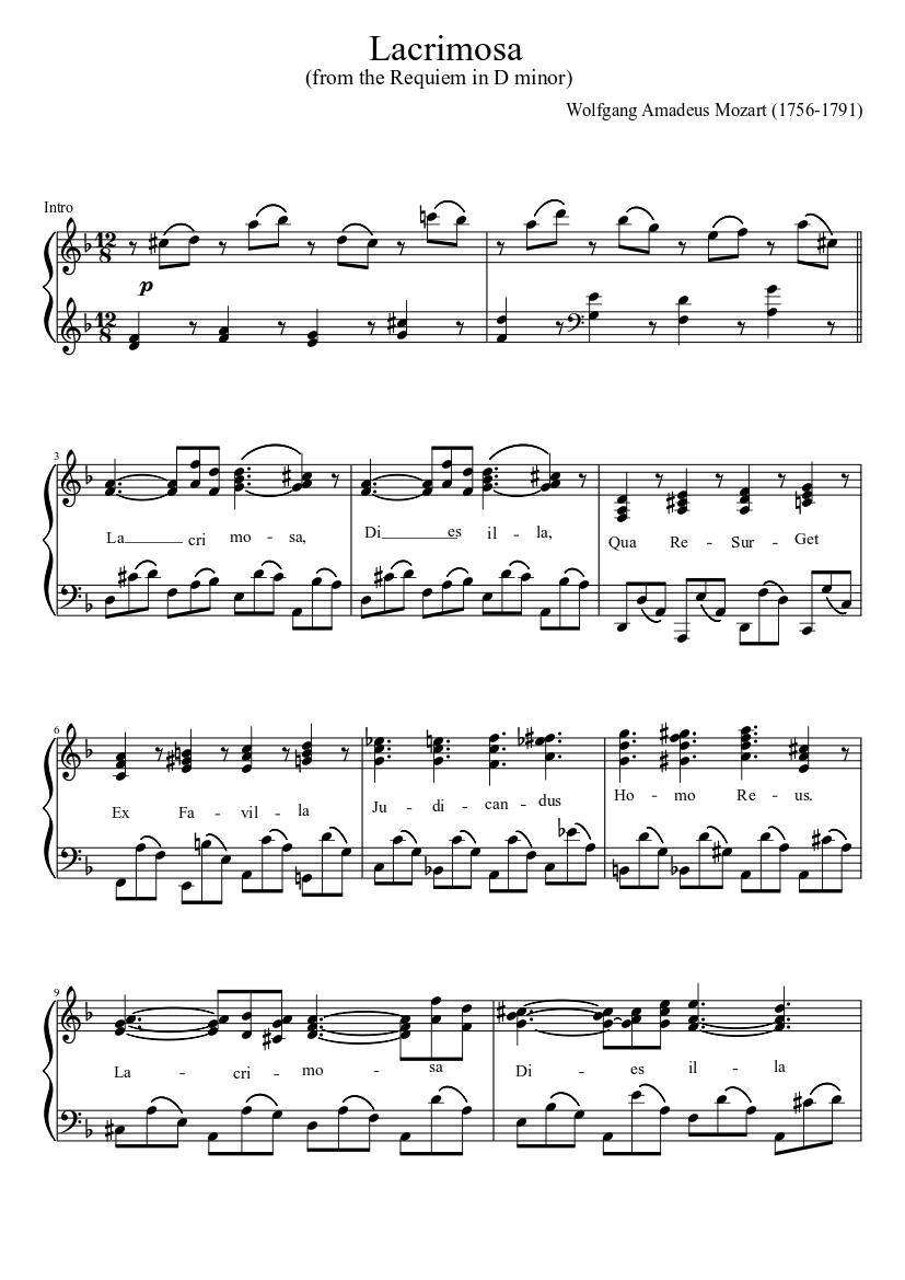 Mozart - Lacrimosa (from the Requiem in D minor) Sheet music for Piano  (Solo) | Musescore.com