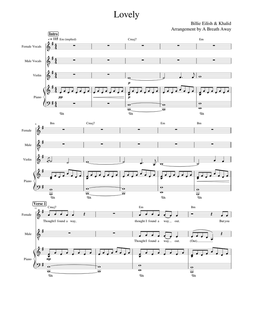 Lovely (Billie Eilish feat. Khalid) - Vocal Duet/Piano/Violin/Drums Sheet  music for Piano, Vocals, Violin, Drum group (Mixed Quintet) | Musescore.com