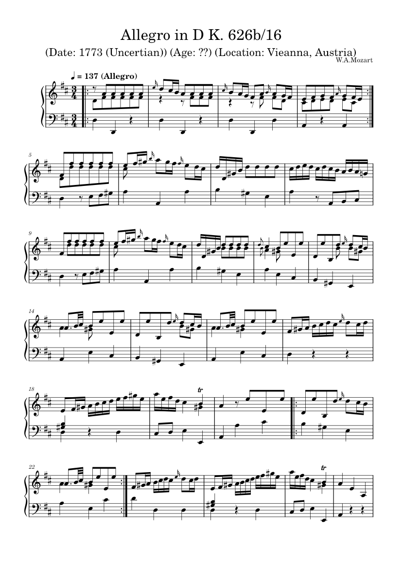 Allegro in D Major K626b/16 – Wolfgang Amadeus Mozart Sheet Music for ...