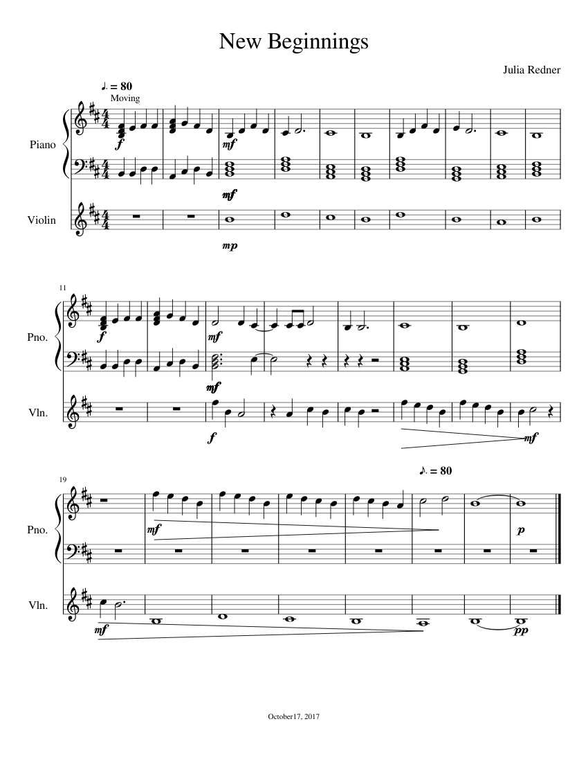 New Beginnings Sheet music for Piano, Violin (Solo) | Musescore.com
