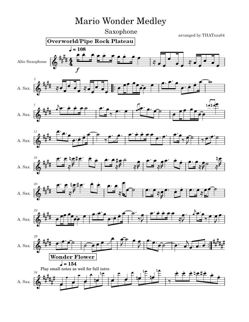 Super Mario Bros. Wonder Medley (Eb + Bb Sax) Sheet music for Saxophone ...