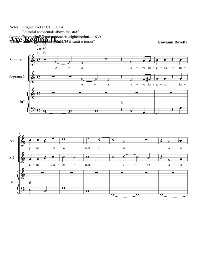 Ave Regina Coelorum a due Canti o Tenori Op. 5 No. 3 (2 other settings listed on textpage)