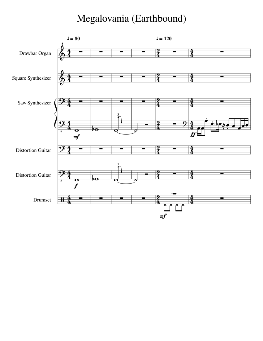 Megalovania Earthbound Sheet Music For Drum Group Guitar Synthesizer Synthesizer More Instruments Mixed Ensemble Musescore Com - roblox megalovania sheet