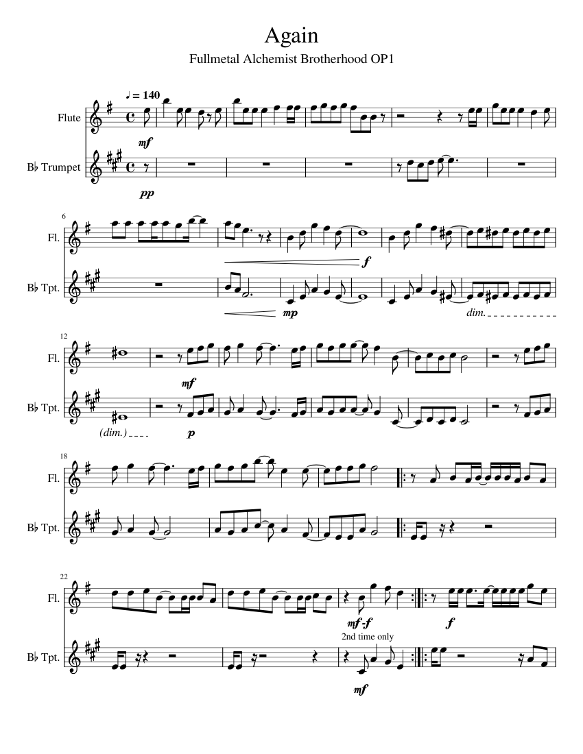 Fullmetal Alchemist Again Flute Trumpet Duet Sheet music for Flute, Trumpet in bflat (Mixed