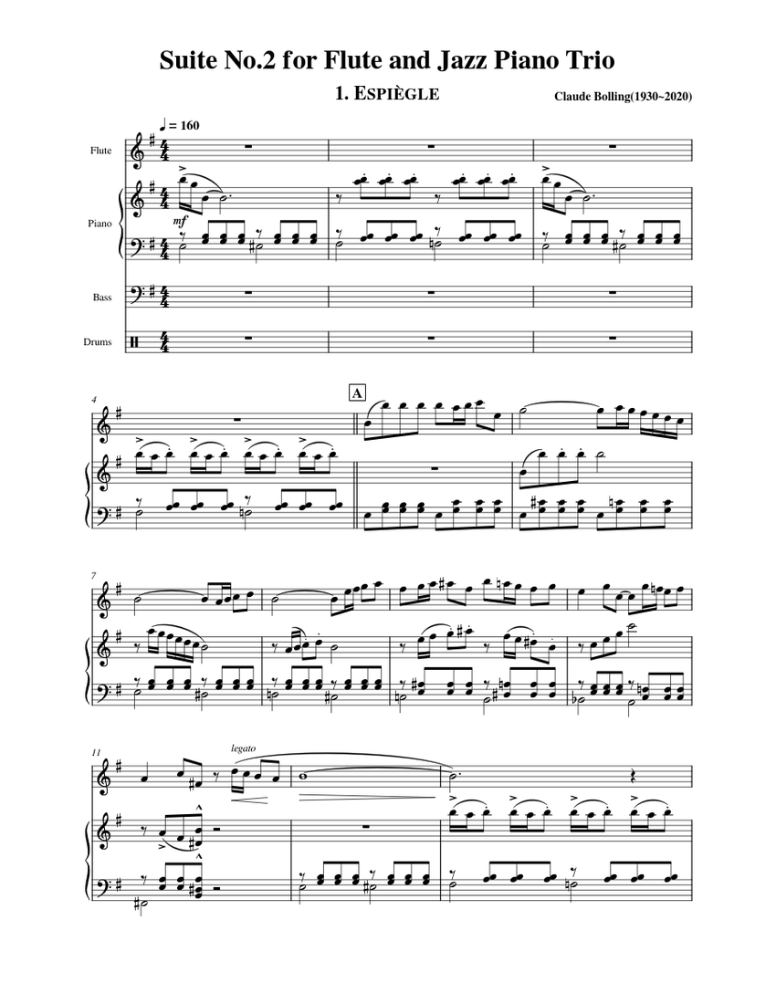 Suite No. 2 for Flute and Jazz Piano Trio - 1. Espiègle - Claude Bolling  Sheet music for Piano, Flute, Contrabass, Drum group (Jazz Band) |  Musescore.com