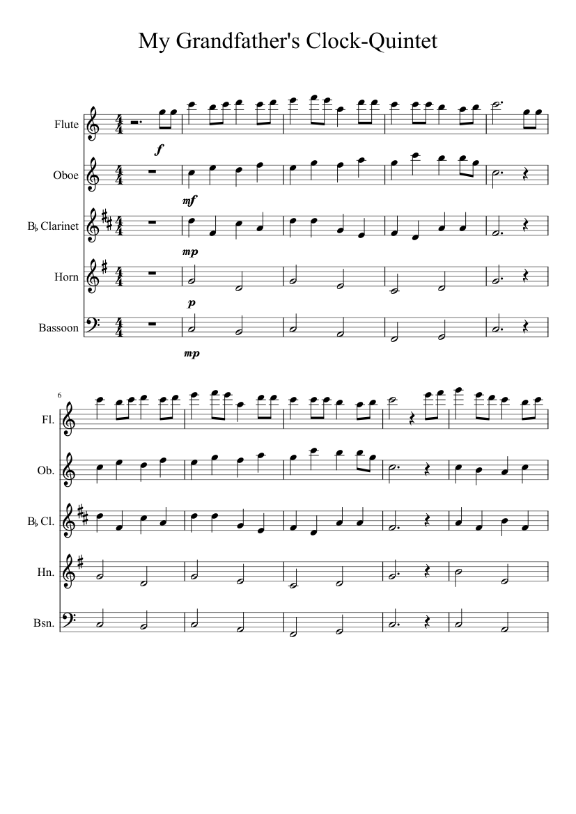 My Grandfather's Clock for woodwind quintet Sheet music for Flute, Oboe