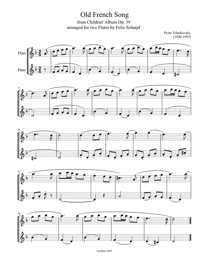 Tchaikovsky - "Old French Song" (Op. 39) arr. for two Flutes Sheet