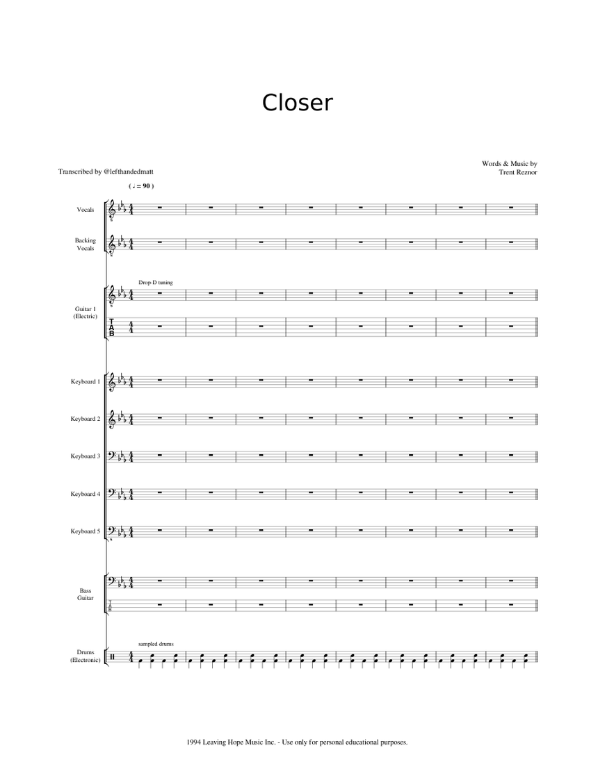 Nine Inch Nails - Closer Sheet music for Vocals, Guitar, Bass guitar, Drum  group & more instruments (Mixed Ensemble) | Musescore.com