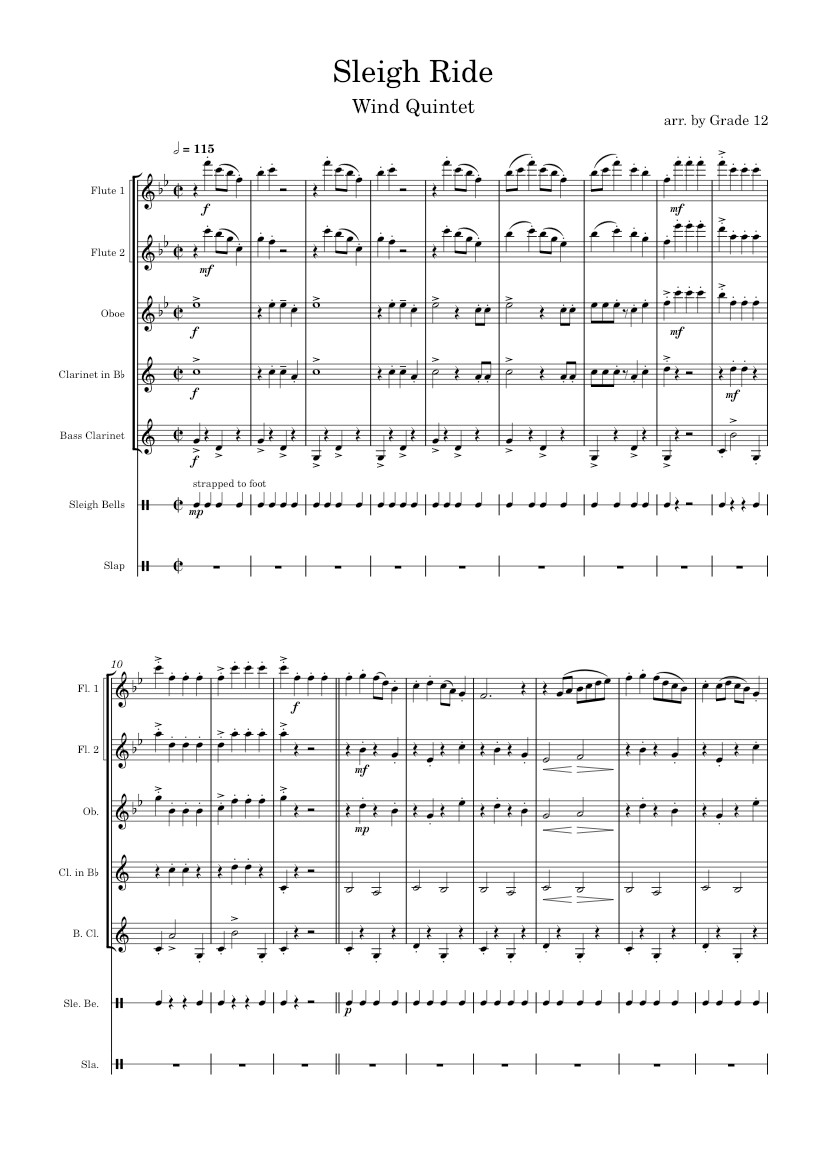 Sleigh Ride for Wind Quintet Sheet Music for Flute, Oboe, Drum group ...