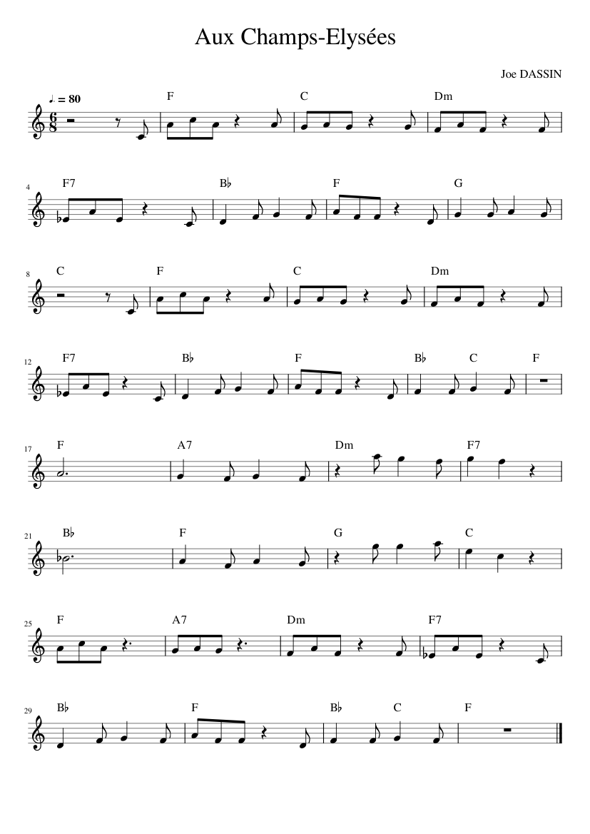 Aux Champs-Elysées Sheet Music with Chords for Piano (Solo) easy ...