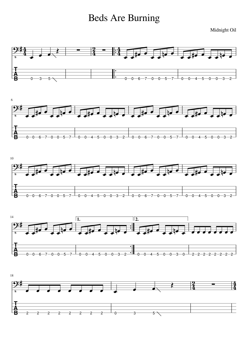 Beds Are Burning Midnight Oil Sheet music for Bass guitar (Solo