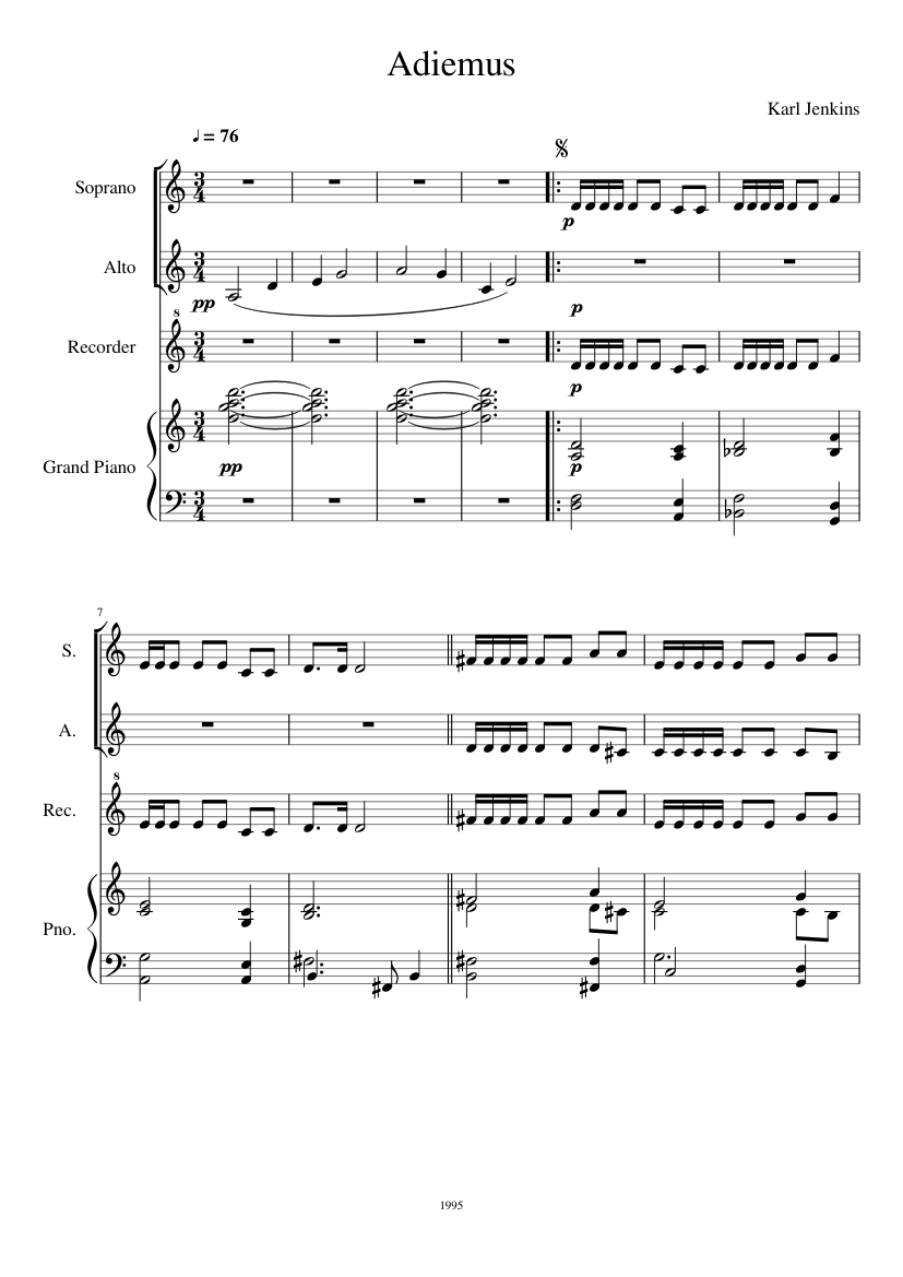 Adiemus Sheet music for Piano, Soprano, Alto, Recorder (Mixed Quartet) |  Musescore.com