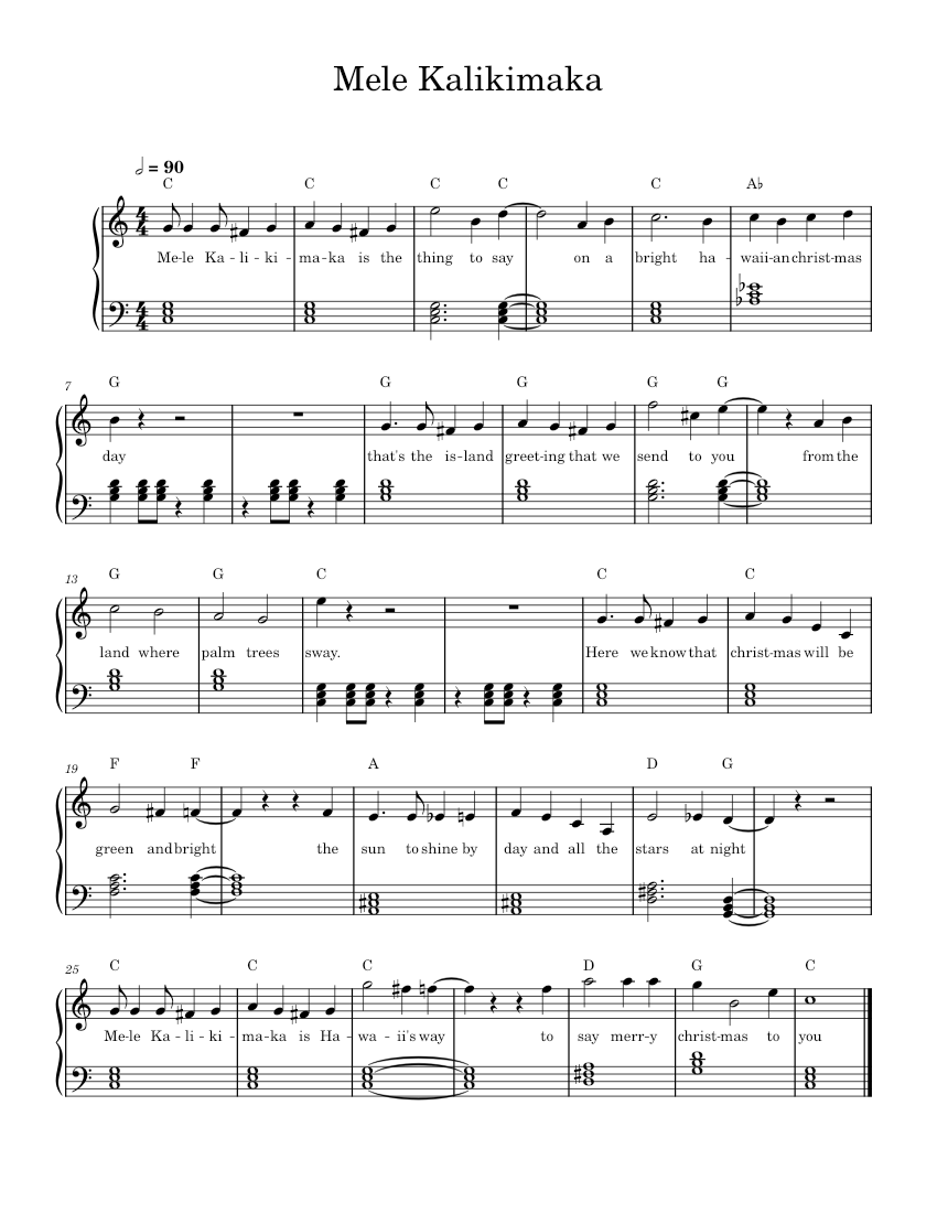 Mele Kalikimaka – Bing Crosby 楽譜 コード付き ピアノ (ソロ) easy