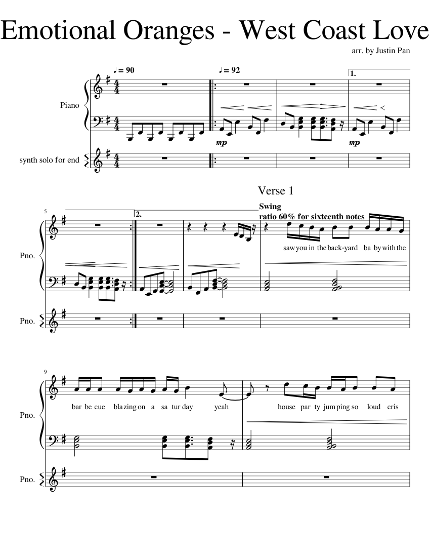 Emotional Oranges West Coast Love Unfinished Sheet Music For Piano Piano Duo Download And Print In Pdf Or Midi Free Sheet Music For West Coast Love By Emotional Oranges R B Funk