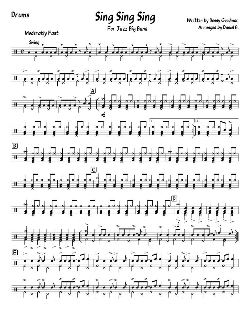 Sing sing band. Sing Sing Sing Benny Goodman Ноты. Sing Sing Sing Benny Goodman Ноты для фортепиано. Sing Sing Sing Ноты кларнет. Gene Krupa Sing Sing Sing Drums Notes.