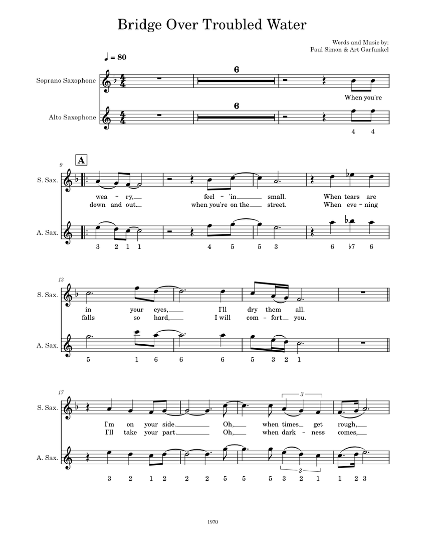 Bridge Over Troubled Water – Simon & Garfunkel (Sax Duet) Sheet music for  Saxophone alto, Saxophone soprano (Woodwind Duet) | Musescore.com
