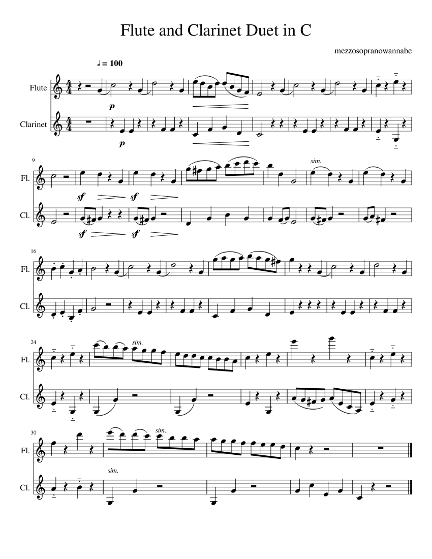 Flute and Clarinet Duet in C Sheet Music for Flute, Clarinet other ...