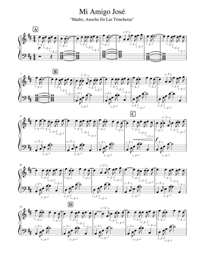 Mi Amigo José Sheet music for Piano (Solo) | Download and print in PDF or  MIDI free sheet music for Madre, anoche en las trincheras by Canciones  Populares | Musescore.com