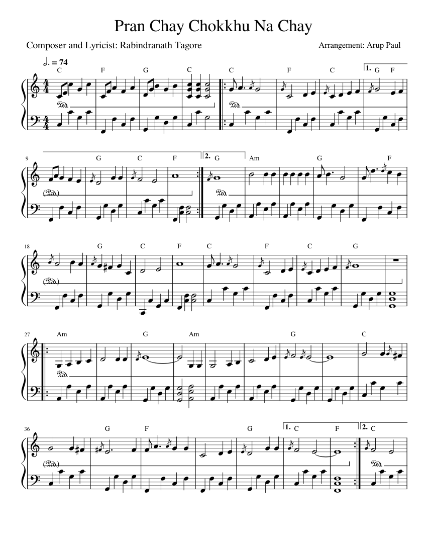 Pran Chay Chokkhu Na Chay Rabindra Sangeet Piano Solo Version Staff  Notation by Arup Paul Sheet music for Piano (Solo) | Musescore.com
