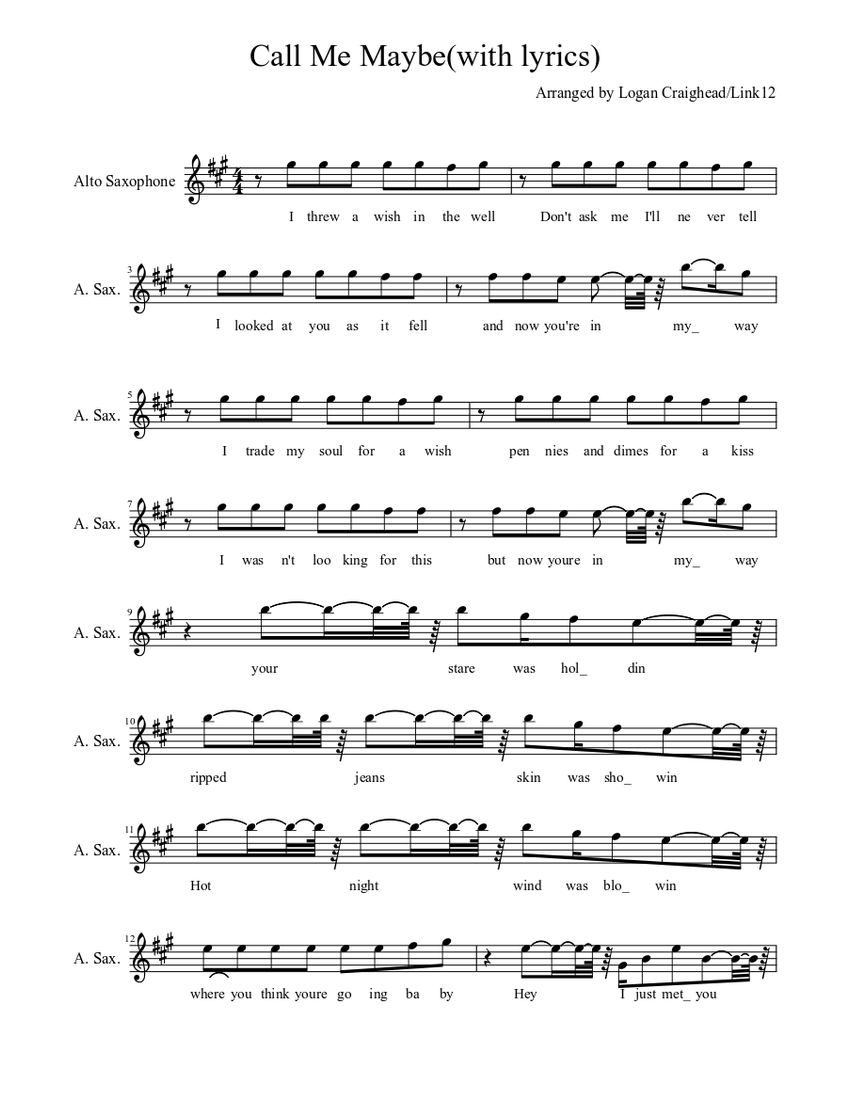 Call Me Maybe With Lyrics Sheet Music For Saxophone Alto Solo Musescore Com