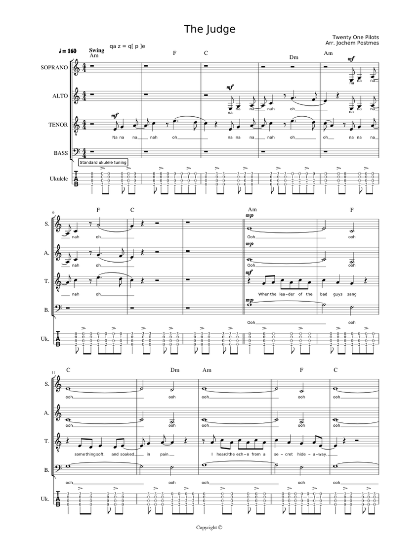 Twenty One Pilots - The Judge (SATB + Ukulele) Sheet music for Bass guitar,  Ukulele (SATB) | Musescore.com