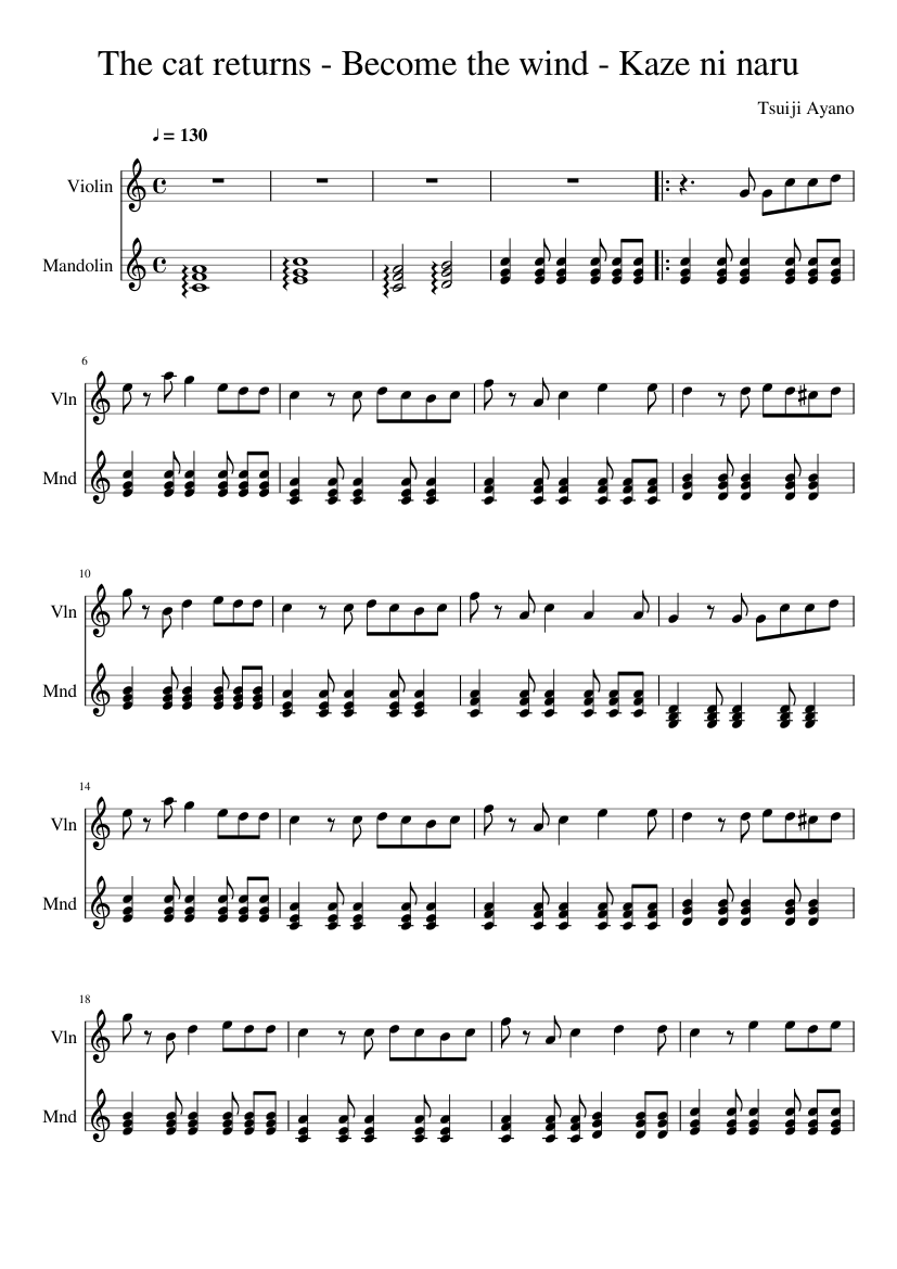 The cat returns - Become the wind - Kaze ni naru Sheet music for Violin,  Mandolin (Mixed Duet) | Musescore.com