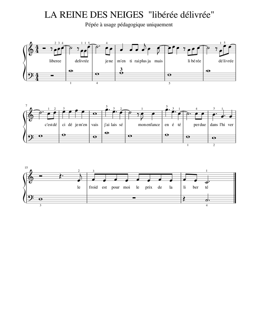 LA REINE DES NEIGES libérée délivrée 2 Sheet music for Piano (Solo